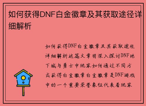 如何获得DNF白金徽章及其获取途径详细解析
