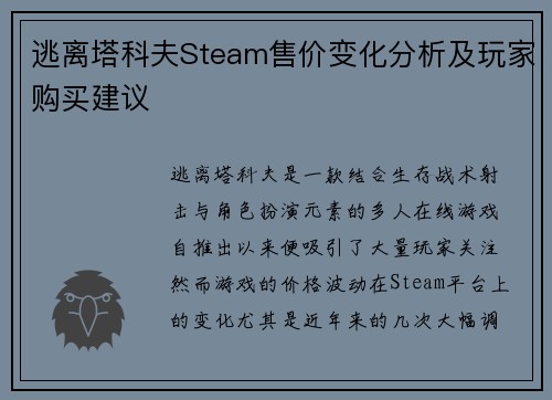 逃离塔科夫Steam售价变化分析及玩家购买建议